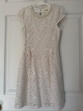 Monteau Ivory Lace Fit & Flare Mini with Beaded Neckline Size 8!